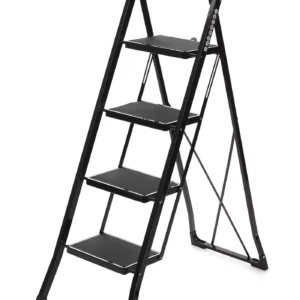 HOMEZ, Foldable Metal MiniTower Plus Ladder, 4 Steps, Black